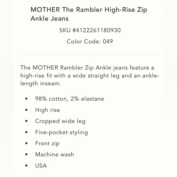 MOTHER The Rambler High Rise Zip Ankle Jeans Size 25 NIP - Picture 6 of 16